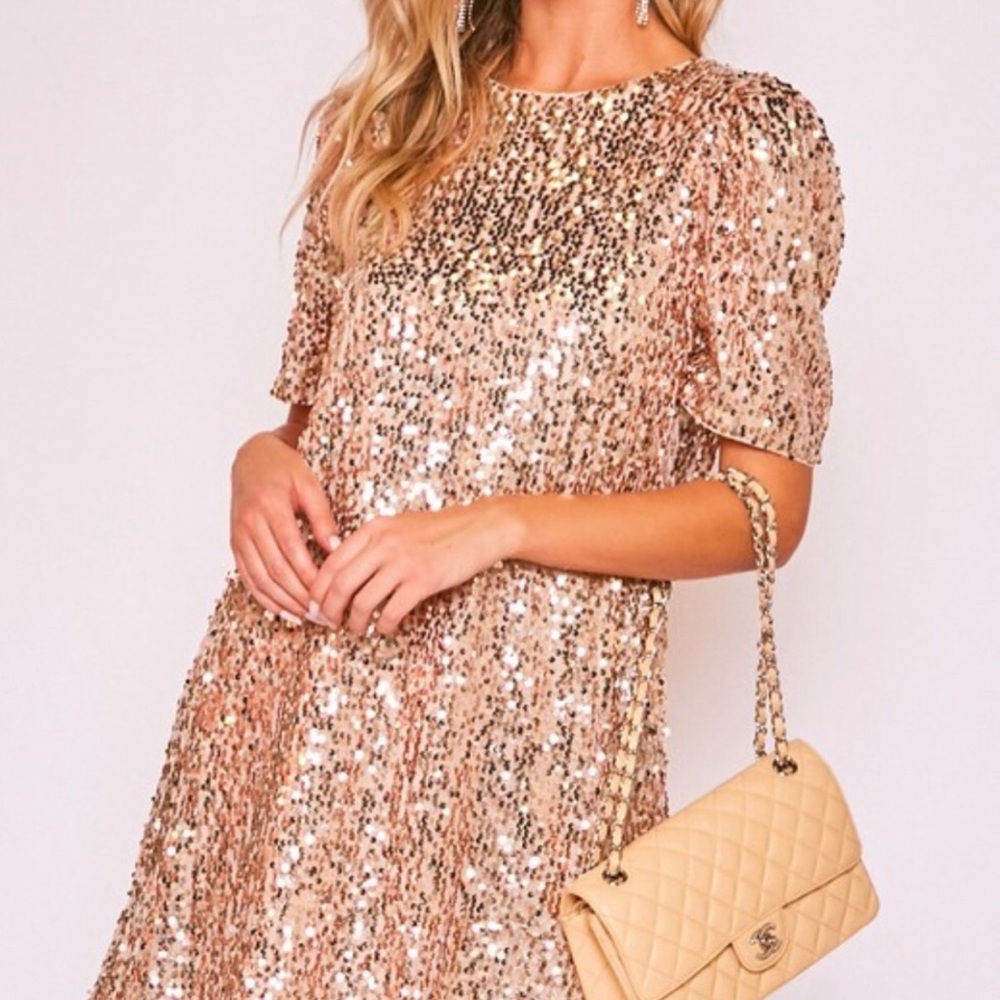 Vine & Love Round Neck Puff Shoulder Sequin Rose Gold Dress